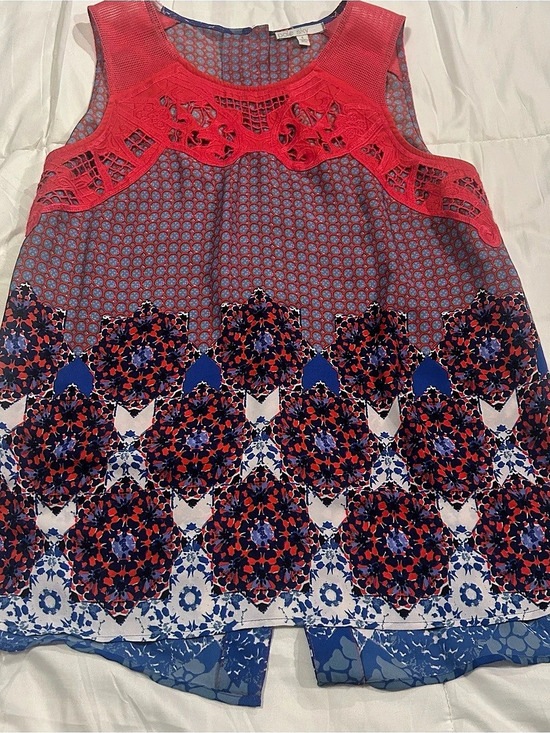 Pale Sky Tops - Pale Sky Women’s Large Sleeveless Boho Print Lace Tunic Top Red Blue